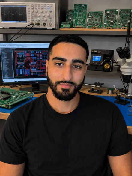Ray Malik at his electronics bench — oscilloscope, finished boards and a board layout on the screen behind him