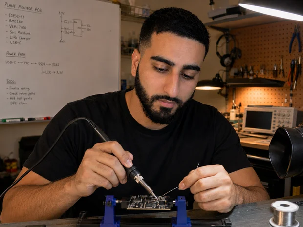Ray Malik hand-soldering a circuit board held in a PCB holder at his bench